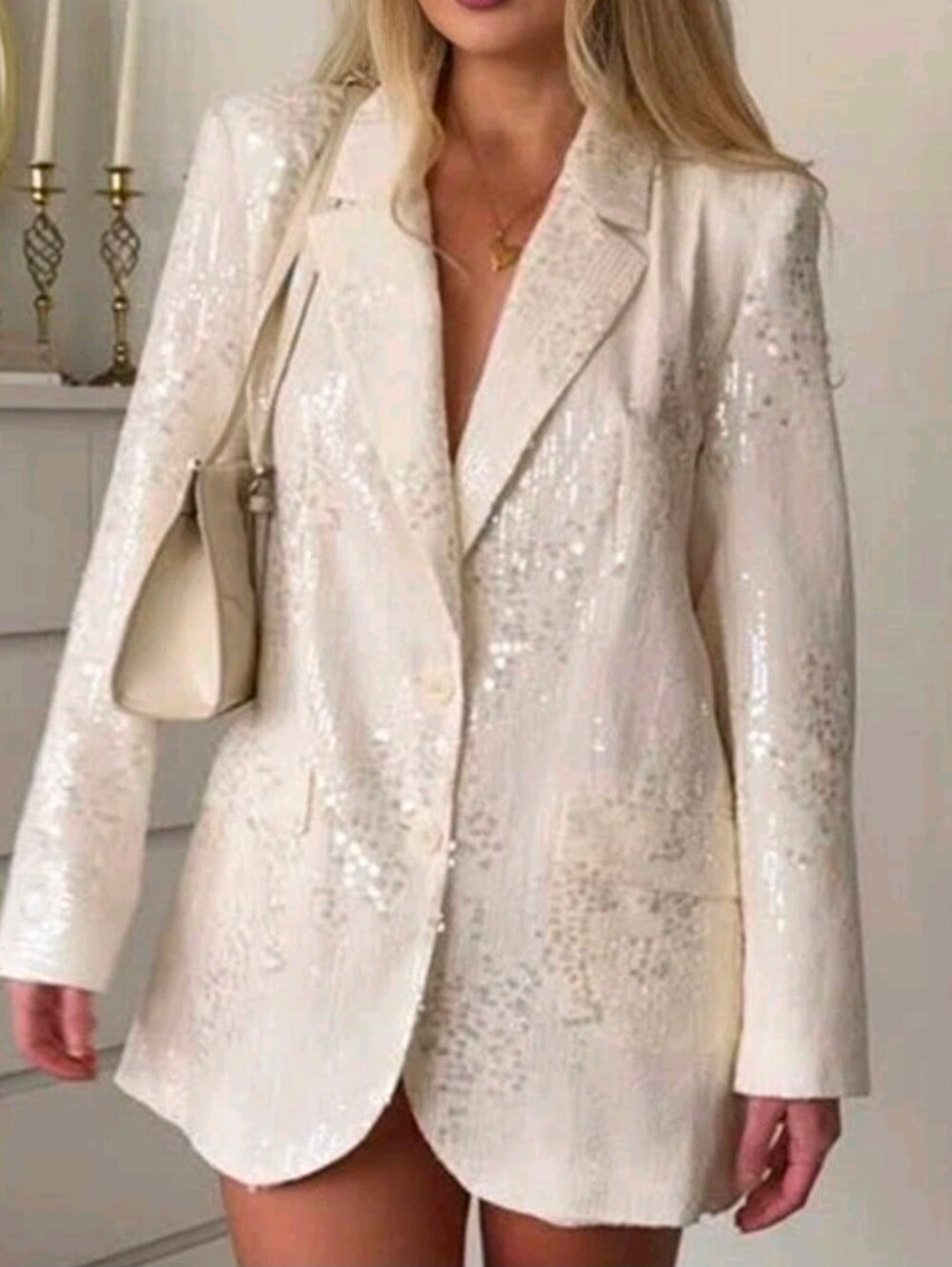 Sz XS New ZARA Long Sequin Blazer w/ Shoulder Pads Oyster-white 3425/849